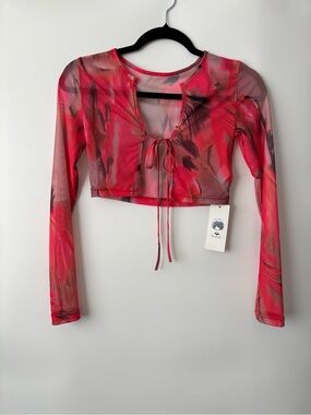 Do My Self NWT Pink Abstract Mesh Crop Top Rave Festival EDM Tie Front Size S